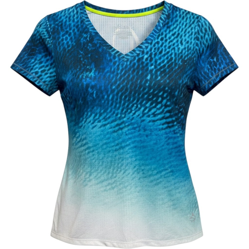 Loco Skailz Womens Blue Ombre Fish Scale Print V-Neck Performance Tee L